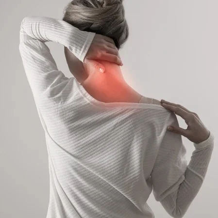 A woman reaches to touch the back of her neck. Neck pain is indicated by a red highlight on her neck.